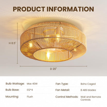 Boho 20 in. Indoor Gold Rattan Caged Low Profile Ceiling Fan with Remote Included with No Bulbs Included