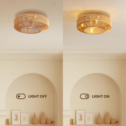 Boho 20 in. Indoor Gold Rattan Caged Low Profile Ceiling Fan with Remote Included with No Bulbs Included