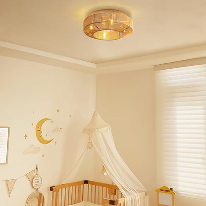 Boho 20 in. Indoor Gold Rattan Caged Low Profile Ceiling Fan with Remote Included with No Bulbs Included