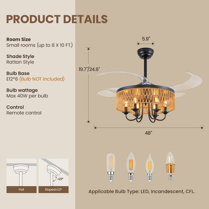 48in Smart Retractable Ceiling Fan with Light & Remote, 4-Blade