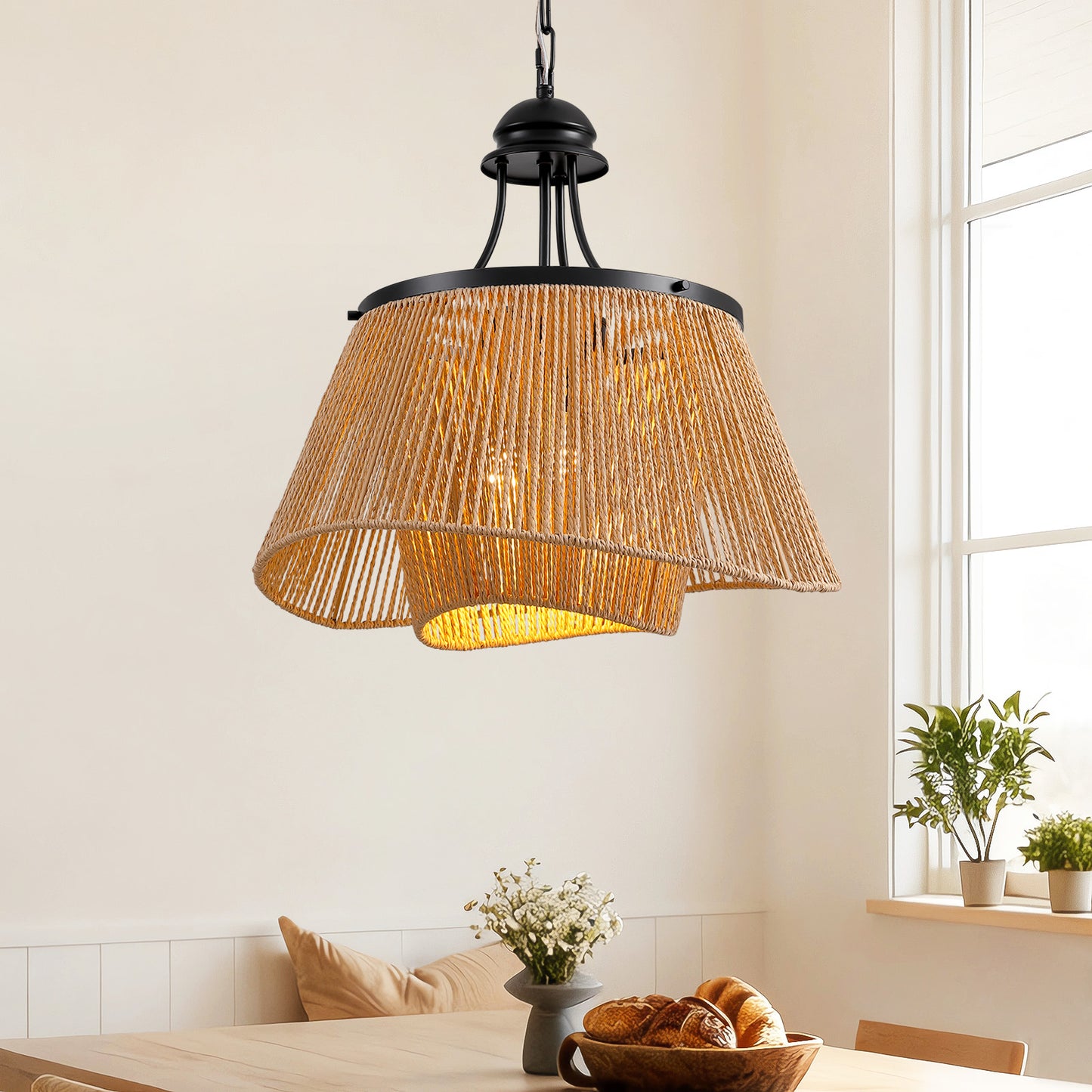 4-Light Brown Boho Two-Tier Rattan Paper Rope Adjustable Height Pendant Chandelier for Kitchen Islands No Bulbs Included