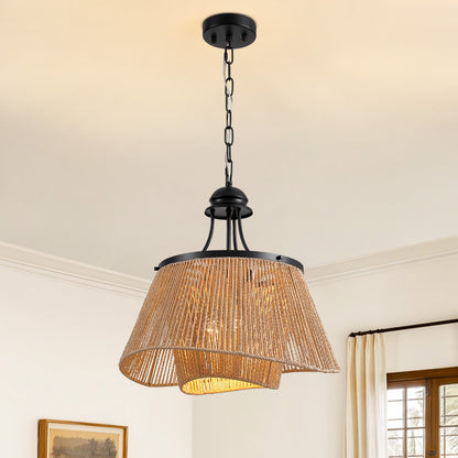 4-Light Brown Boho Two-Tier Rattan Paper Rope Adjustable Height Pendant Chandelier for Kitchen Islands No Bulbs Included