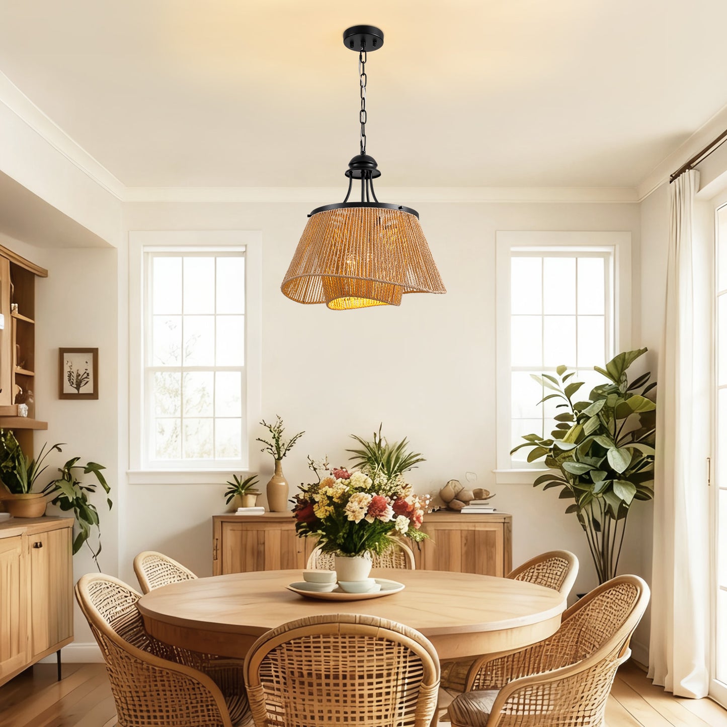 4-Light Brown Boho Two-Tier Rattan Paper Rope Adjustable Height Pendant Chandelier for Kitchen Islands No Bulbs Included