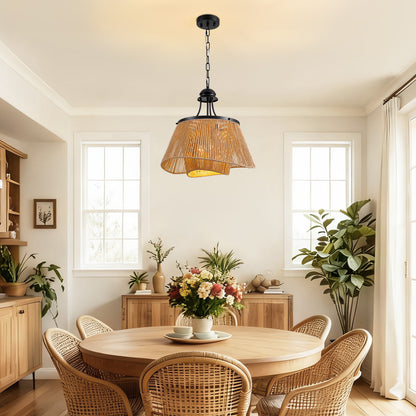4-Light Brown Boho Two-Tier Rattan Paper Rope Adjustable Height Pendant Chandelier for Kitchen Islands No Bulbs Included