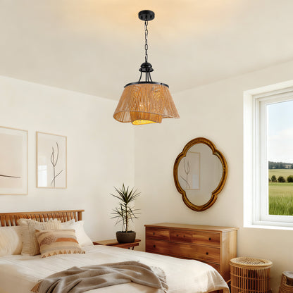 4-Light Brown Boho Two-Tier Rattan Paper Rope Adjustable Height Pendant Chandelier for Kitchen Islands No Bulbs Included