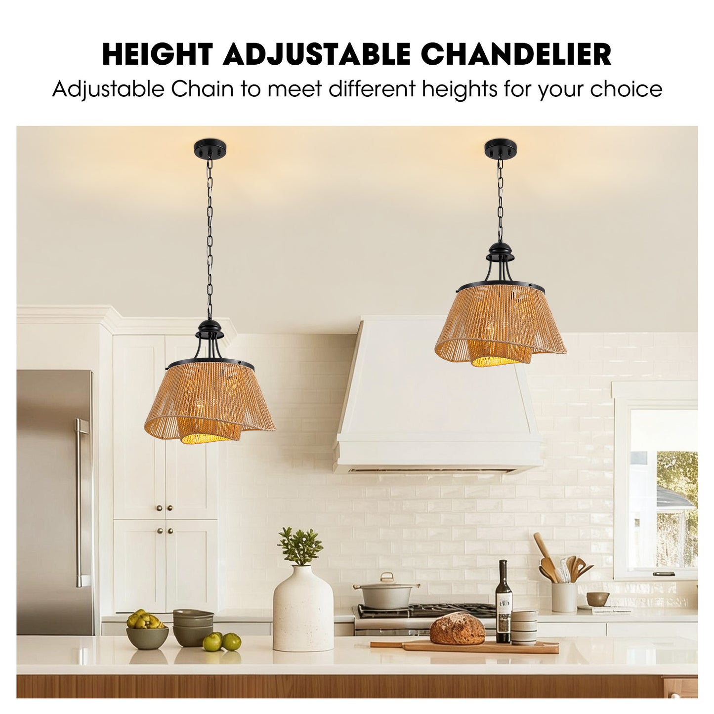 4-Light Brown Boho Two-Tier Rattan Paper Rope Adjustable Height Pendant Chandelier for Kitchen Islands No Bulbs Included