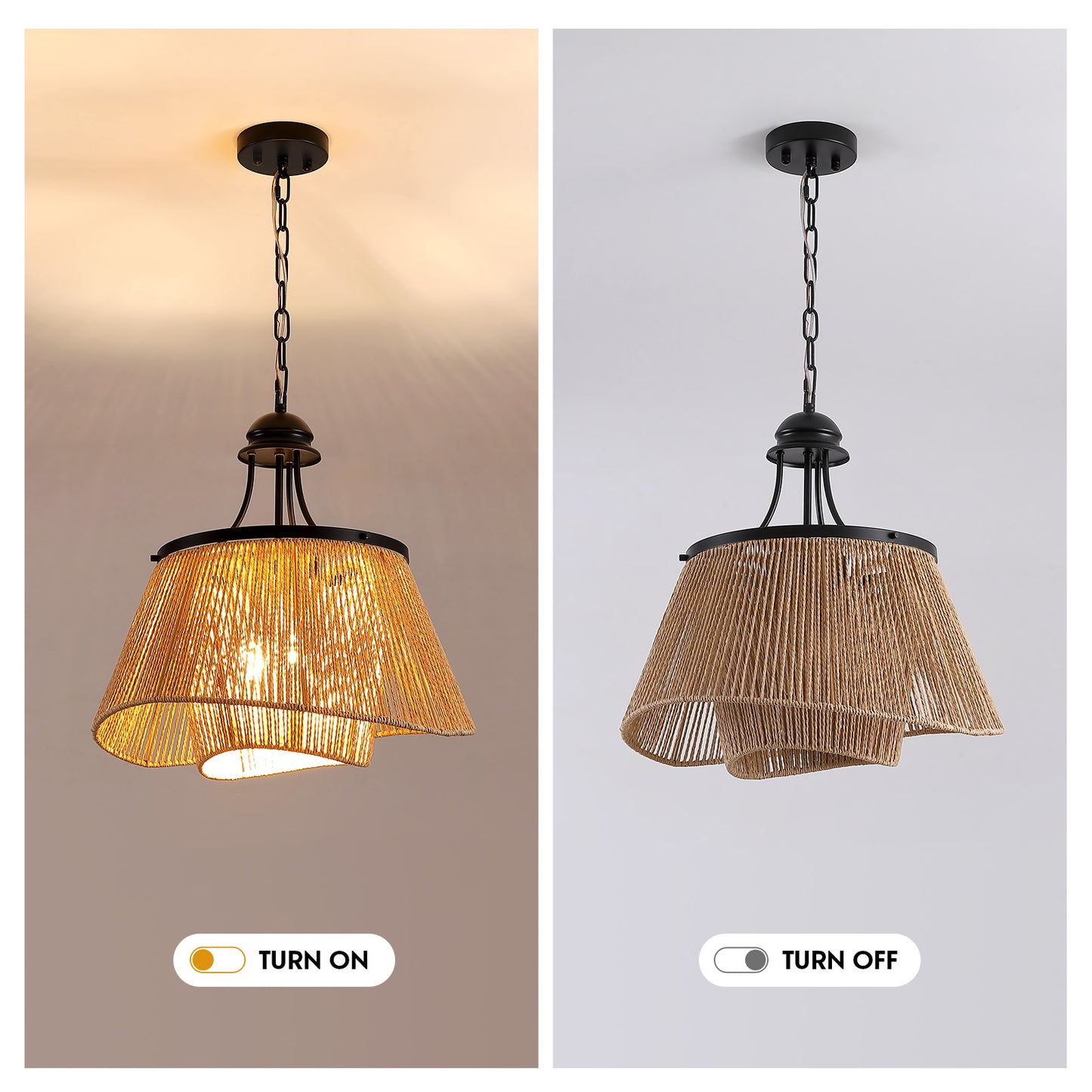 4-Light Brown Boho Two-Tier Rattan Paper Rope Adjustable Height Pendant Chandelier for Kitchen Islands No Bulbs Included
