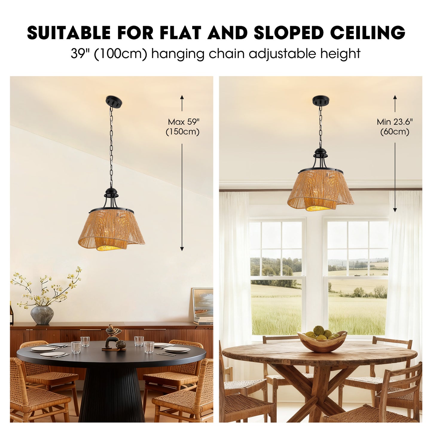 4-Light Brown Boho Two-Tier Rattan Paper Rope Adjustable Height Pendant Chandelier for Kitchen Islands No Bulbs Included