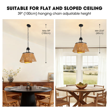 4-Light Brown Boho Two-Tier Rattan Paper Rope Adjustable Height Pendant Chandelier for Kitchen Islands No Bulbs Included