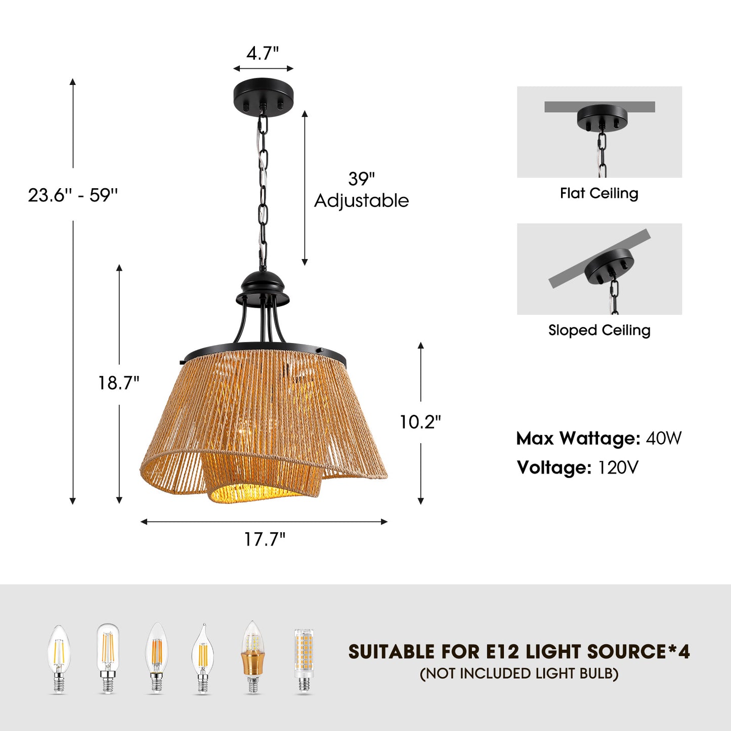4-Light Brown Boho Two-Tier Rattan Paper Rope Adjustable Height Pendant Chandelier for Kitchen Islands No Bulbs Included