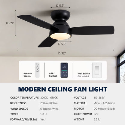 32 in. Integrated LED Standard Smart Indoor Modern Matte Black Flush Mount Ceiling Fan with Remote & App Control