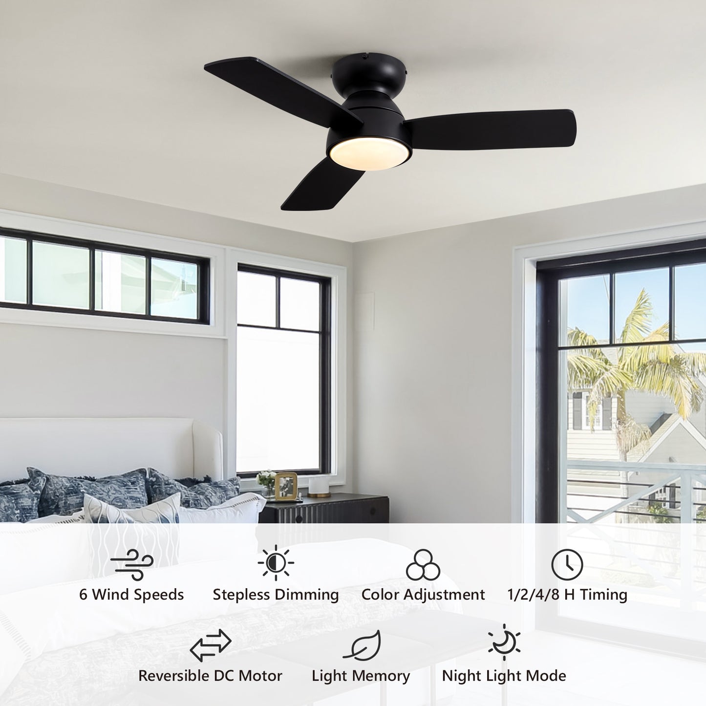 32 in. Integrated LED Standard Smart Indoor Modern Matte Black Flush Mount Ceiling Fan with Remote & App Control