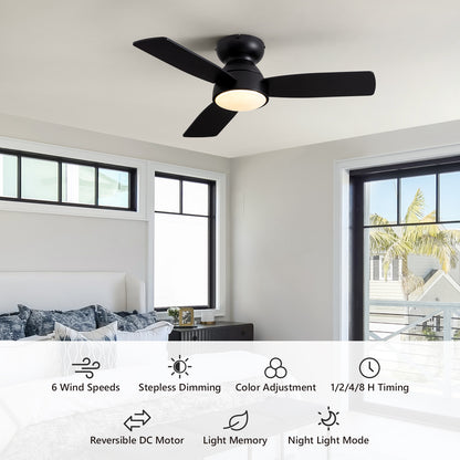 32 in. Integrated LED Standard Smart Indoor Modern Matte Black Flush Mount Ceiling Fan with Remote & App Control