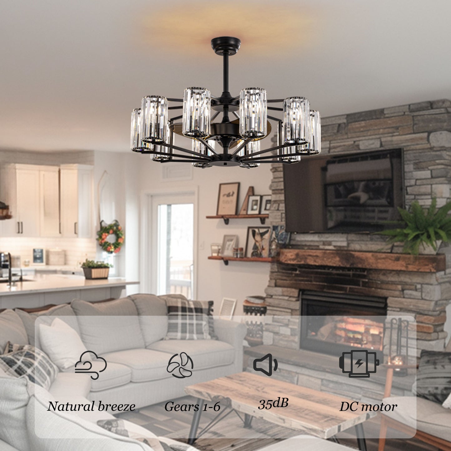 36 in 10-Light Black Crystal Chandelier Ceiling Fan(no Bulbs)with Remote Control and Adjustable Fan Speed