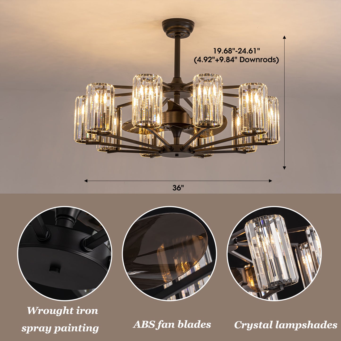 36 in 10-Light Black Crystal Chandelier Ceiling Fan(no Bulbs)with Remote Control and Adjustable Fan Speed