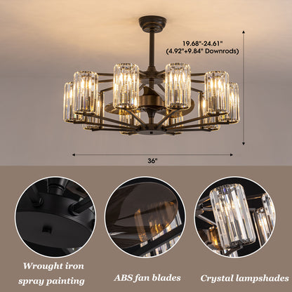 36 in 10-Light Black Crystal Chandelier Ceiling Fan(no Bulbs)with Remote Control and Adjustable Fan Speed