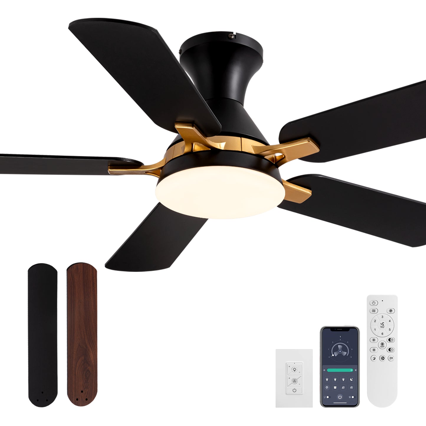 42 in. Indoor Modern Black and Brown Blades Standard Flush Mount Low Profile Ceiling Fan with Integrated LED and Remote