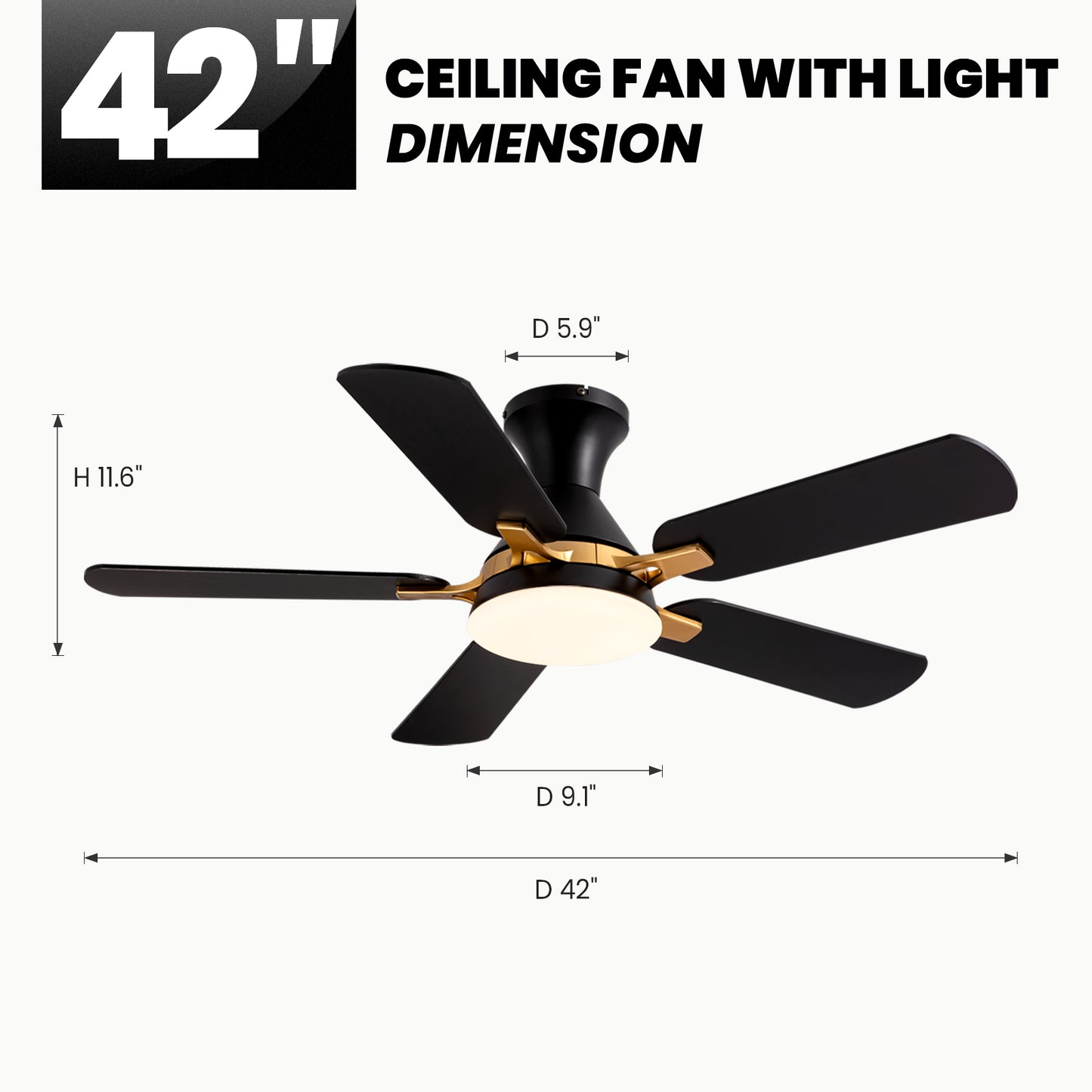 42 in. Indoor Modern Black and Brown Blades Standard Flush Mount Low Profile Ceiling Fan with Integrated LED and Remote
