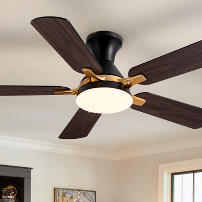 42 in. Indoor Modern Black and Brown Blades Standard Flush Mount Low Profile Ceiling Fan with Integrated LED and Remote