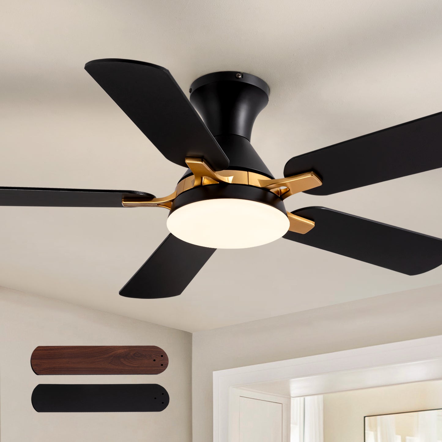 42 in. Indoor Modern Black and Brown Blades Standard Flush Mount Low Profile Ceiling Fan with Integrated LED and Remote