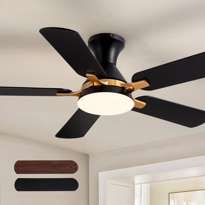42 in. Indoor Modern Black and Brown Blades Standard Flush Mount Low Profile Ceiling Fan with Integrated LED and Remote
