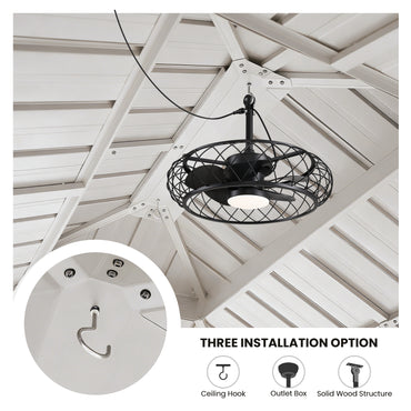 24 in. Outdoor Black Cage Plug-in Chandelier Ceiling Fan with Wood Grain Blades Dimmable LED and Remote App