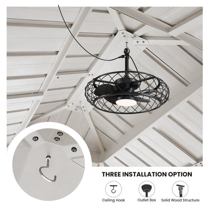24 in. Outdoor Black Cage Plug-in Chandelier Ceiling Fan with Wood Grain Blades Dimmable LED and Remote App