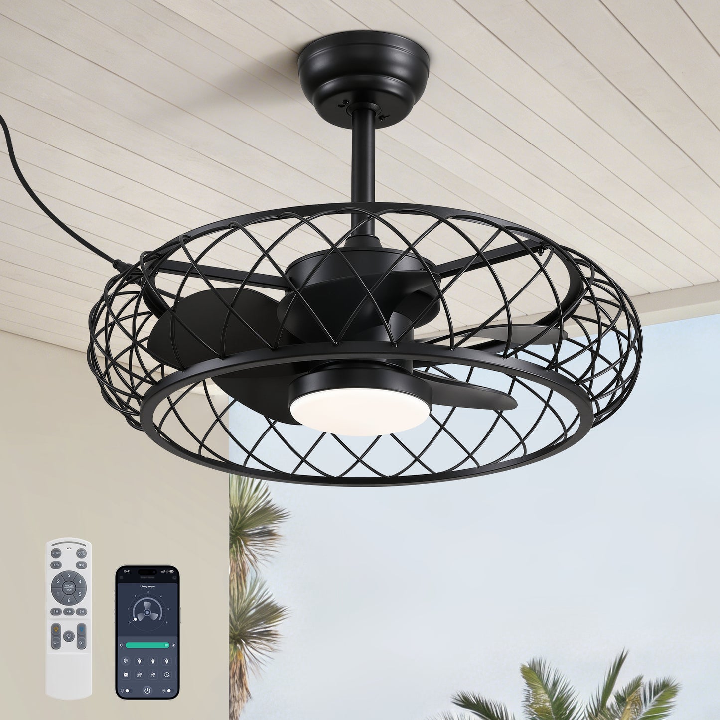 24 in. Outdoor Black Cage Plug-in Chandelier Ceiling Fan with Wood Grain Blades Dimmable LED and Remote App