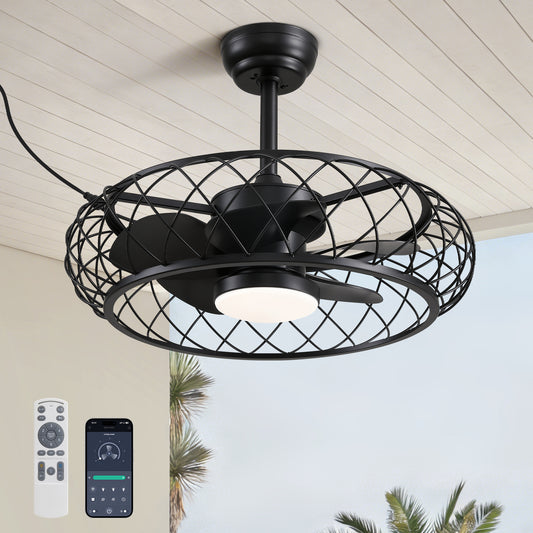24 in. Outdoor Black Cage Plug-in Chandelier Ceiling Fan with Wood Grain Blades Dimmable LED and Remote App