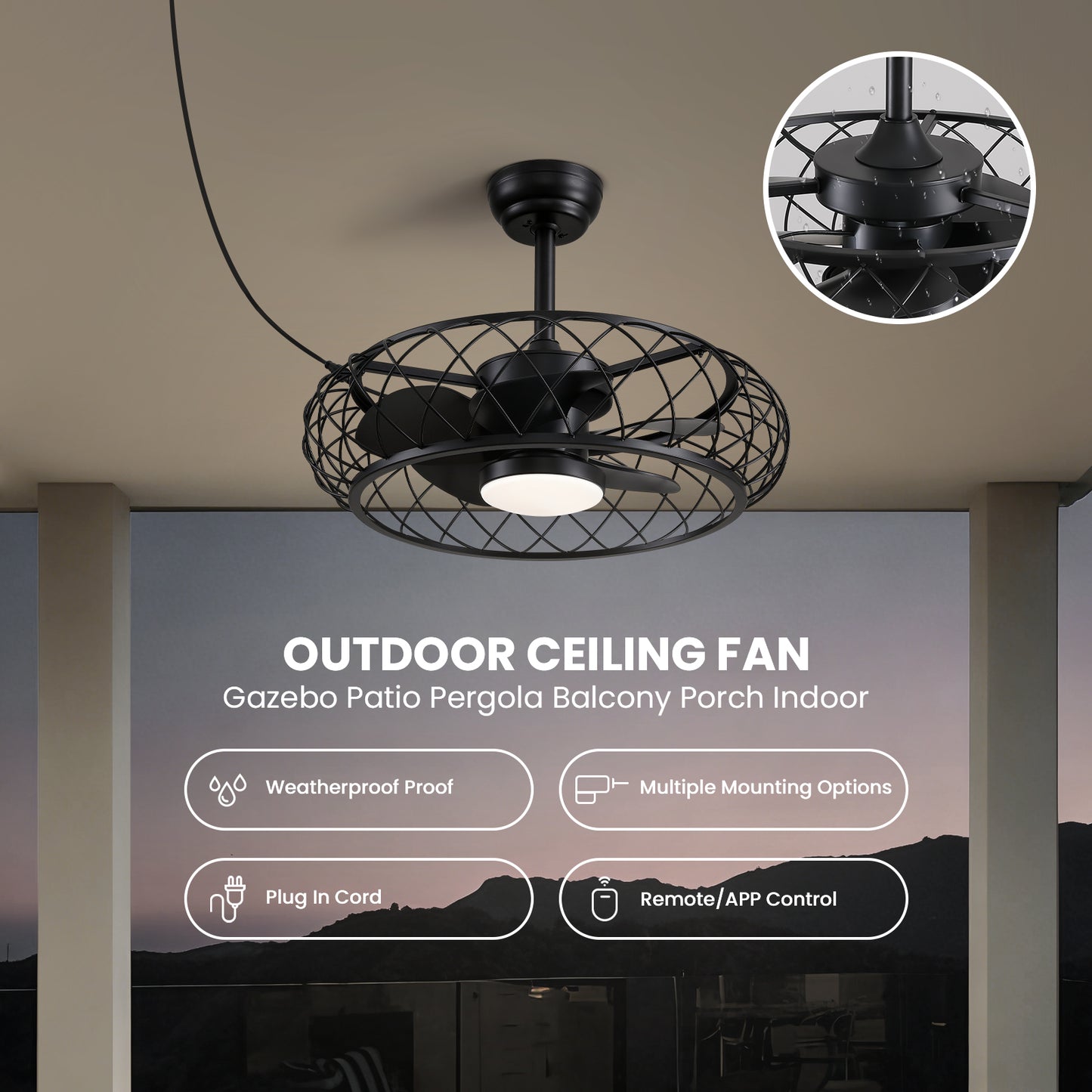 24 in. Outdoor Black Cage Plug-in Chandelier Ceiling Fan with Wood Grain Blades Dimmable LED and Remote App