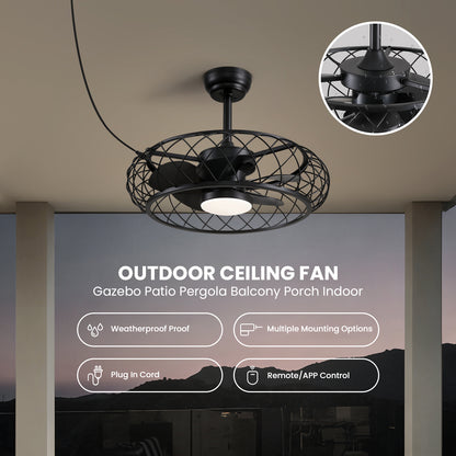 24 in. Outdoor Black Cage Plug-in Chandelier Ceiling Fan with Wood Grain Blades Dimmable LED and Remote App