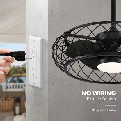 24 in. Outdoor Black Cage Plug-in Chandelier Ceiling Fan with Wood Grain Blades Dimmable LED and Remote App