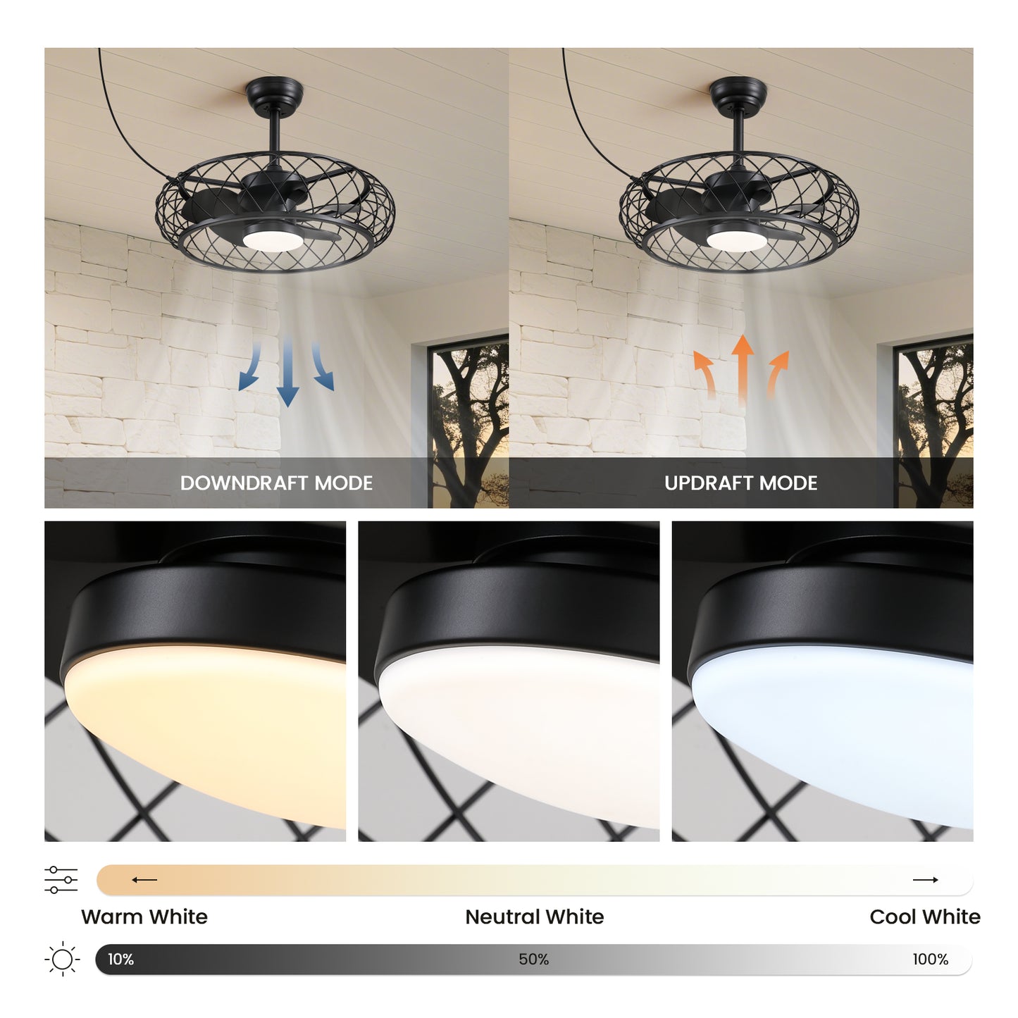 24 in. Outdoor Black Cage Plug-in Chandelier Ceiling Fan with Wood Grain Blades Dimmable LED and Remote App