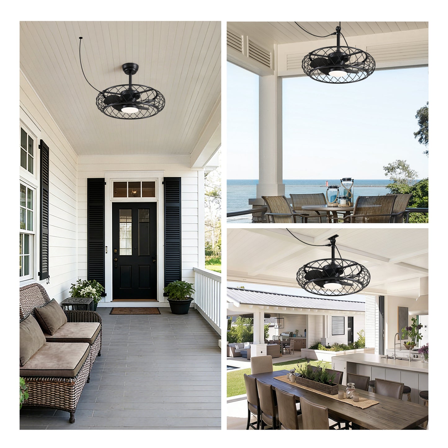24 in. Outdoor Black Cage Plug-in Chandelier Ceiling Fan with Wood Grain Blades Dimmable LED and Remote App