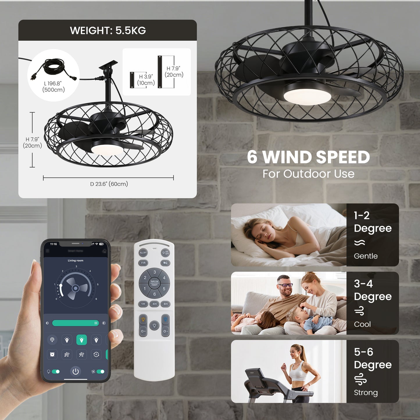 24 in. Outdoor Black Cage Plug-in Chandelier Ceiling Fan with Wood Grain Blades Dimmable LED and Remote App