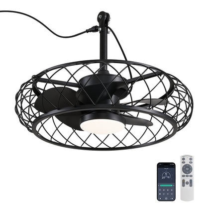 24 in. Outdoor Black Cage Plug-in Chandelier Ceiling Fan with Wood Grain Blades Dimmable LED and Remote App