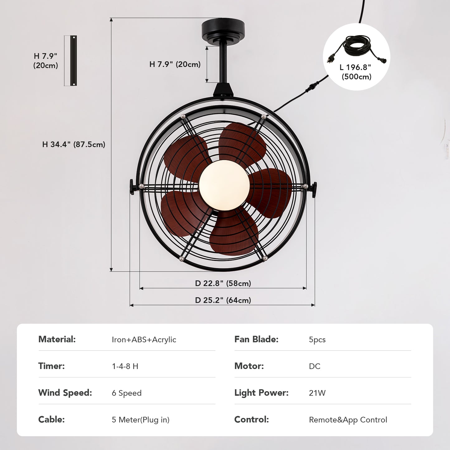 25in Outdoor Waterproof Ceiling Fan with Light 3CCT Dimmable Plug in Caged Ceiling Fan