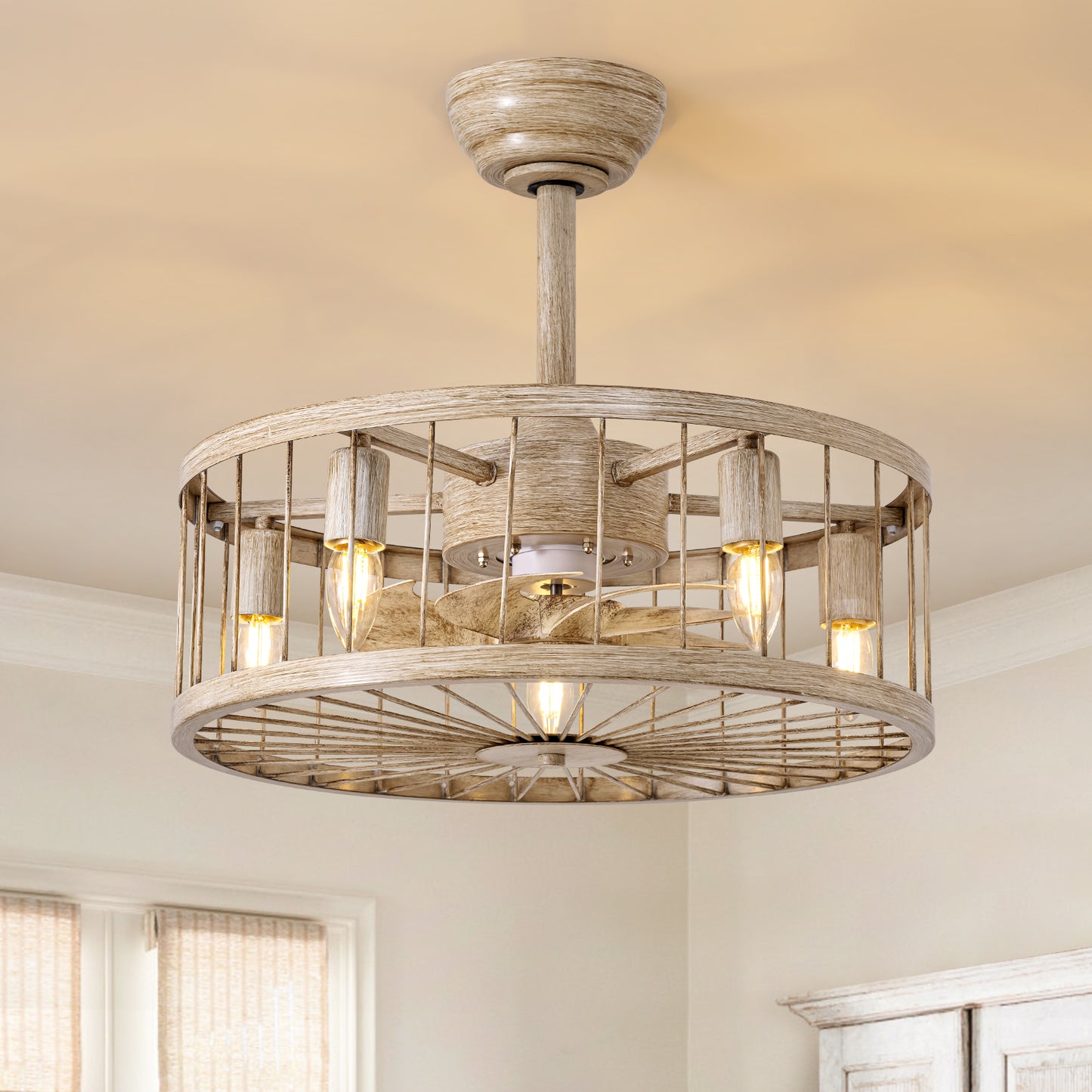 Indoor Industrial Woodgrain Caged Chandelier Ceiling Fan