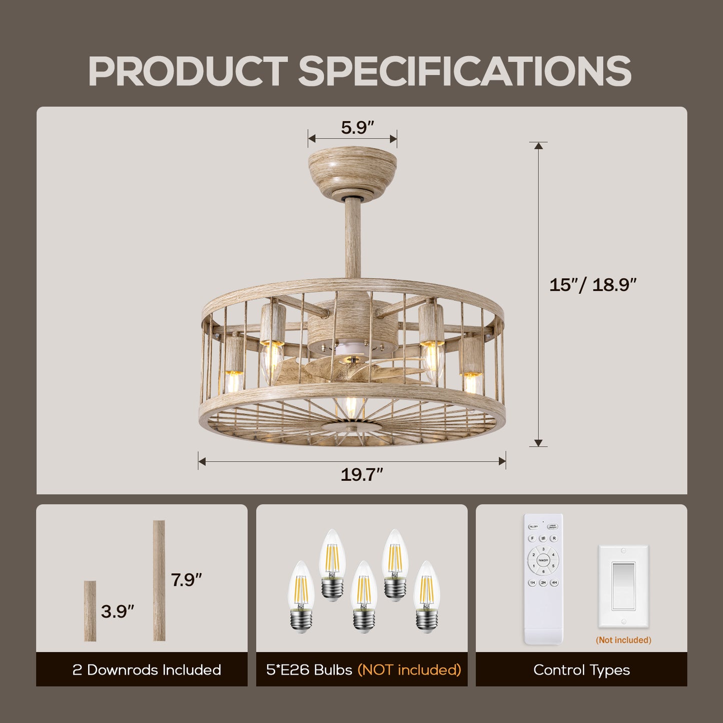 Indoor Industrial Woodgrain Caged Chandelier Ceiling Fan