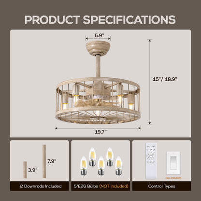 Indoor Industrial Woodgrain Caged Chandelier Ceiling Fan