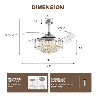 48 in Smart Retractable Chrome Crystal Ceiling Fan with Integrated LED