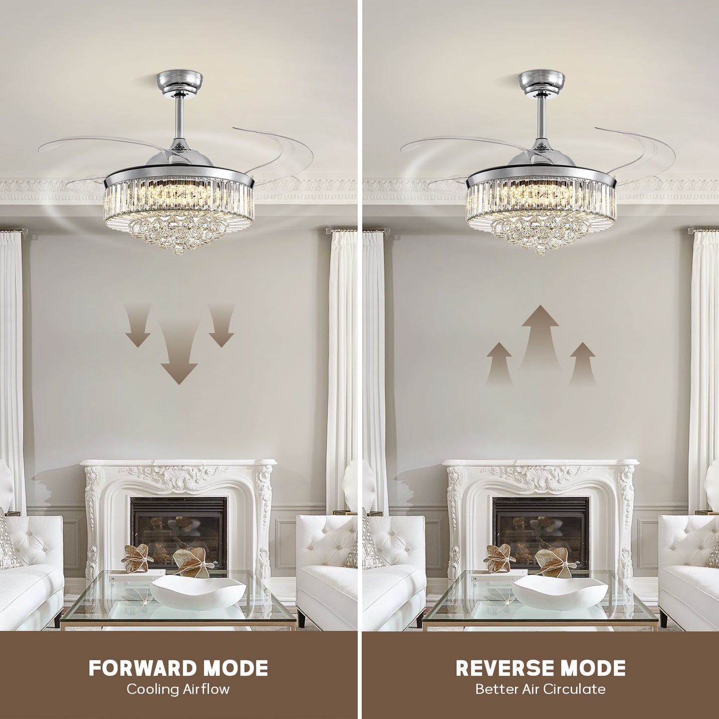 48 in Smart Retractable Chrome Crystal Ceiling Fan with Integrated LED