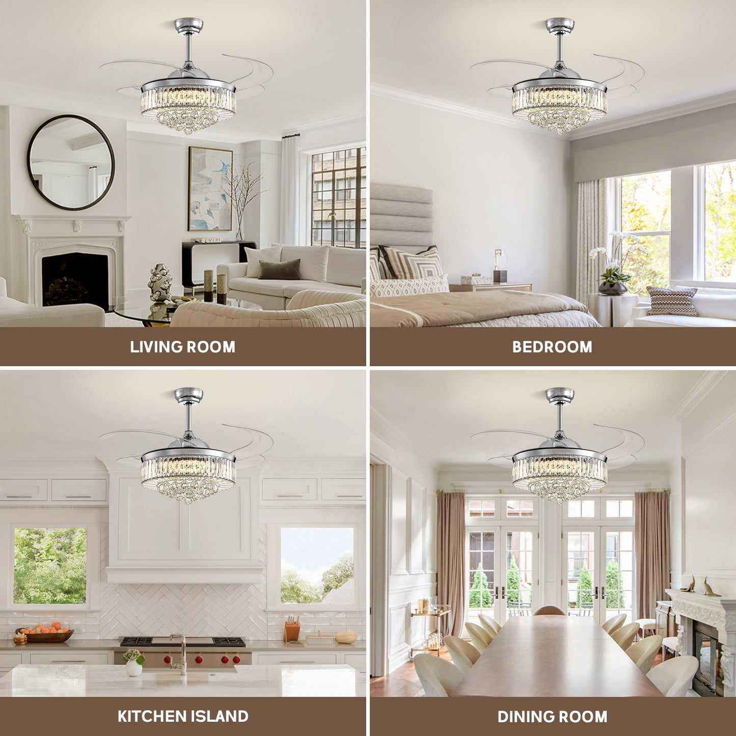 48 in Smart Retractable Chrome Crystal Ceiling Fan with Integrated LED