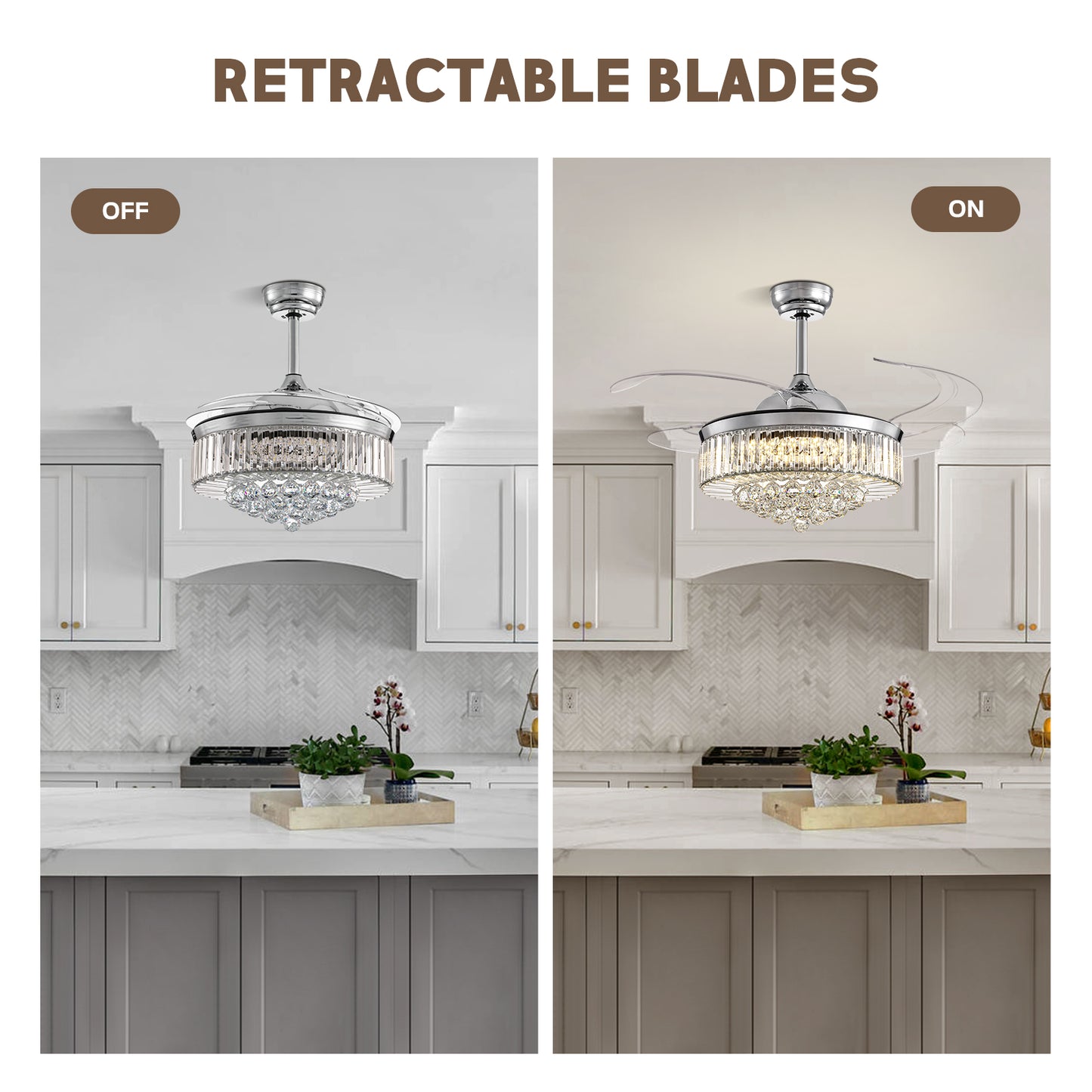 48 in Smart Retractable Chrome Crystal Ceiling Fan with Integrated LED