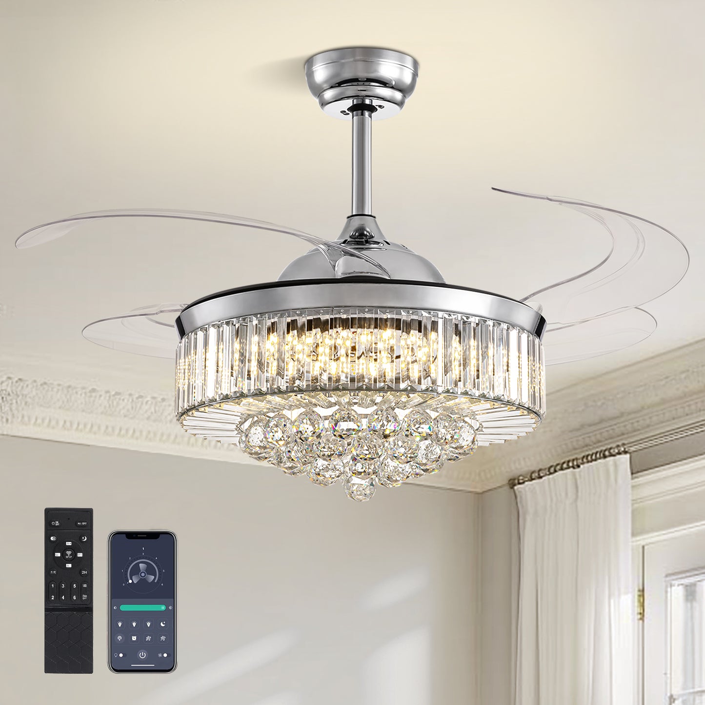 48 in Smart Retractable Chrome Crystal Ceiling Fan with Integrated LED