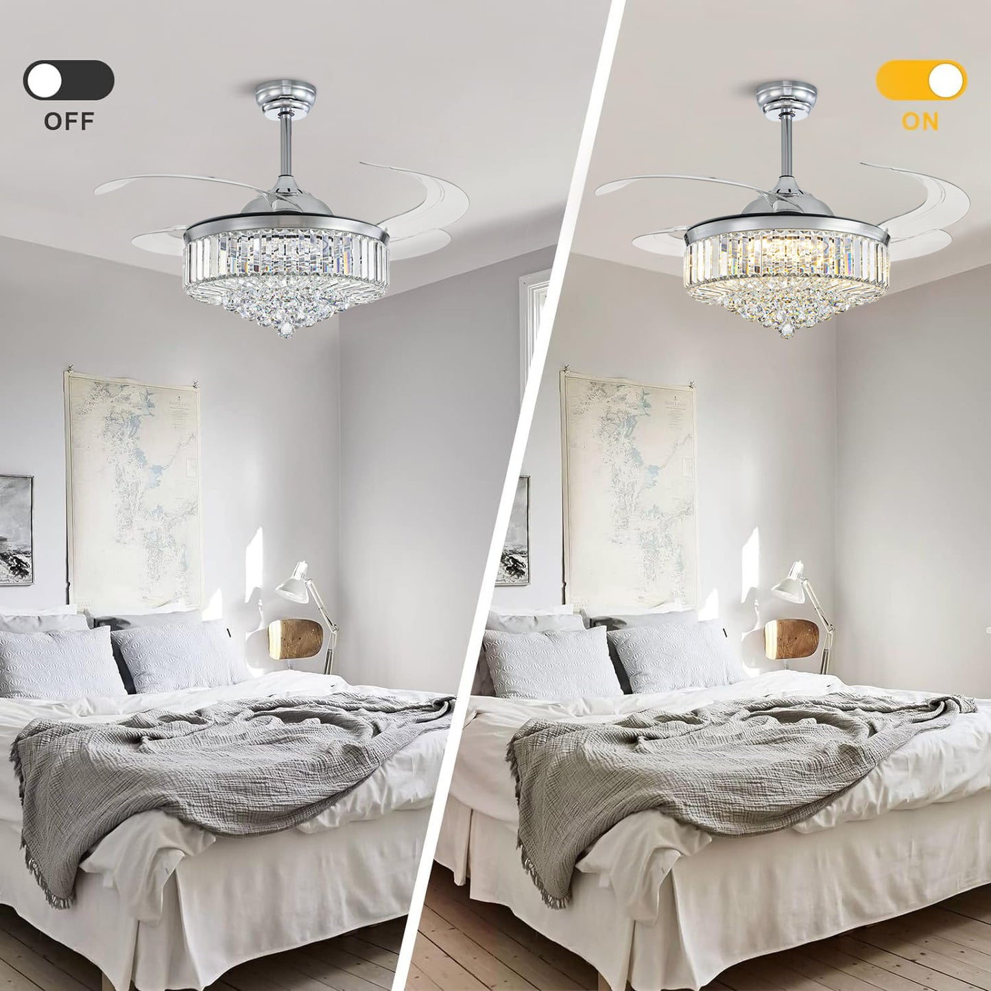 48 in Smart Retractable Chrome Crystal Ceiling Fan with Integrated LED