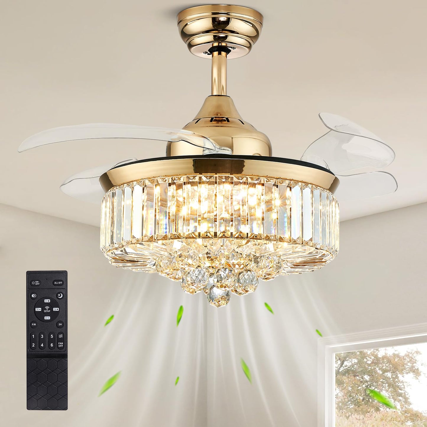 36 in. Indoor Gold Downrod Mount Retractable Crystal Ceiling Fan Chandelier Fandelier with Led Light Kit and Remote