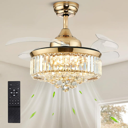 36 in. Indoor Gold Downrod Mount Retractable Crystal Ceiling Fan Chandelier Fandelier with Led Light Kit and Remote