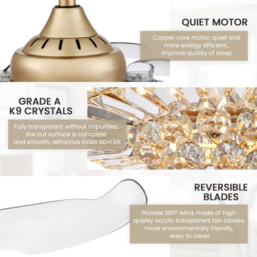 36 in. Indoor Gold Downrod Mount Retractable Crystal Ceiling Fan Chandelier Fandelier with Led Light Kit and Remote