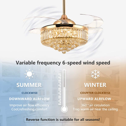 36 in. Indoor Gold Downrod Mount Retractable Crystal Ceiling Fan Chandelier Fandelier with Led Light Kit and Remote